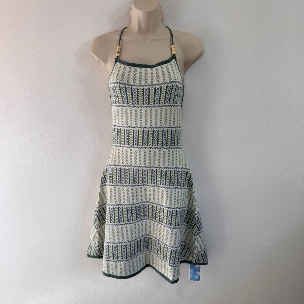 NWT Cider Tank Dress S Green White Halter Soft Knit Beaded Strappy Boho Festival